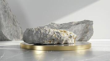 ai generado un blanco y oro de un naturaleza mármol plataforma rodeado por rocas el antecedentes es geométrico Roca y rock forma, minimalista Bosquejo para podio monitor escaparate, estudio habitación foto