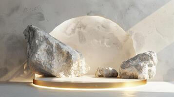 AI generated A white and gold of a nature marble platform surrounded by rocks. The background is geometric Stone and Rock shape, minimalist mockup for podium display showcase, studio room photo