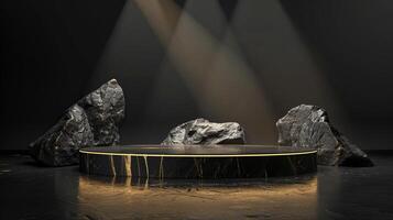 AI generated A black and gold of a nature marble platform surrounded by rocks. The background is geometric Stone and Rock shape, minimalist mockup for podium display showcase, studio room photo