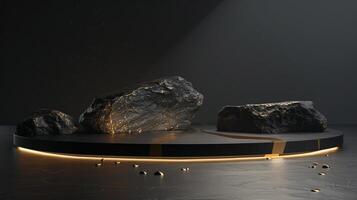AI generated A black and gold of a nature marble platform surrounded by rocks. The background is geometric Stone and Rock shape, minimalist mockup for podium display showcase, studio room photo