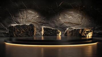 AI generated A black and gold of a nature marble platform surrounded by rocks. The background is geometric Stone and Rock shape, minimalist mockup for podium display showcase, studio room photo