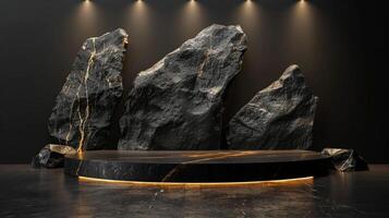 AI generated A black and gold of a nature marble platform surrounded by rocks. The background is geometric Stone and Rock shape, minimalist mockup for podium display showcase, studio room photo