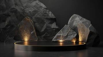 AI generated A black and gold of a nature marble platform surrounded by rocks. The background is geometric Stone and Rock shape, minimalist mockup for podium display showcase, studio room photo