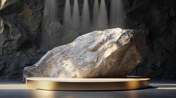 AI generated A white and gold of a nature marble platform surrounded by rocks. The background is geometric Stone and Rock shape, minimalist mockup for podium display showcase, studio room photo