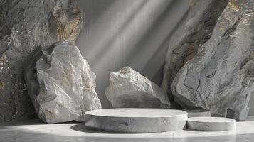 AI generated A white and gold of a nature marble platform surrounded by rocks. The background is geometric Stone and Rock shape, minimalist mockup for podium display showcase, studio room photo
