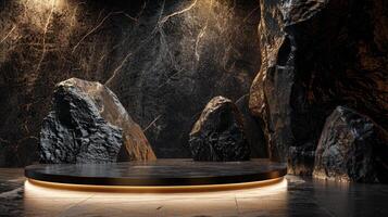 AI generated A black and gold of a nature marble platform surrounded by rocks. The background is geometric Stone and Rock shape, minimalist mockup for podium display showcase, studio room photo