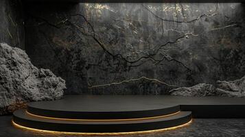 AI generated A black and gold of a nature marble platform surrounded by rocks. The background is geometric Stone and Rock shape, minimalist mockup for podium display showcase, studio room photo