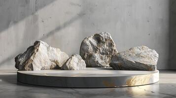 AI generated A white and gold of a nature marble platform surrounded by rocks. The background is geometric Stone and Rock shape, minimalist mockup for podium display showcase, studio room photo