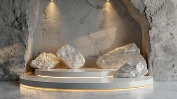 AI generated A white and gold of a nature marble platform surrounded by rocks. The background is geometric Stone and Rock shape, minimalist mockup for podium display showcase, studio room photo