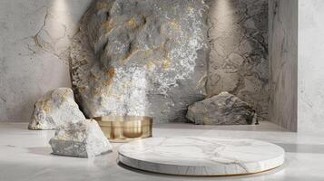 AI generated A white and gold of a nature marble platform surrounded by rocks. The background is geometric Stone and Rock shape, minimalist mockup for podium display showcase, studio room photo