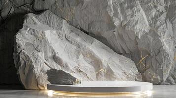AI generated A white and gold of a nature marble platform surrounded by rocks. The background is geometric Stone and Rock shape, minimalist mockup for podium display showcase, studio room photo