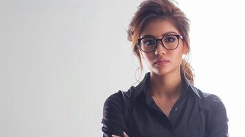 AI generated Smiling businesswoman wearing glasses in an office portrait. Business Woman Cool Looking Concept. on white background. photo