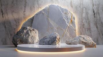 AI generated A white and gold of a nature marble platform surrounded by rocks. The background is geometric Stone and Rock shape, minimalist mockup for podium display showcase, studio room photo