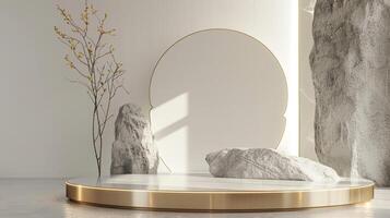 AI generated A white and gold of a nature marble platform surrounded by rocks. The background is geometric Stone and Rock shape, minimalist mockup for podium display showcase, studio room photo