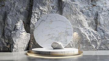 AI generated A white and gold of a nature marble platform surrounded by rocks. The background is geometric Stone and Rock shape, minimalist mockup for podium display showcase, studio room photo