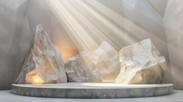 AI generated A white and gold of a nature marble platform surrounded by rocks. The background is geometric Stone and Rock shape, minimalist mockup for podium display showcase, studio room photo