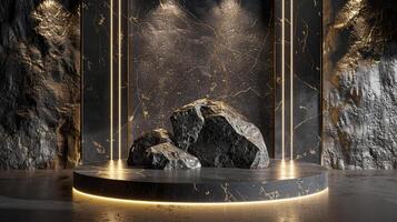AI generated A black and gold of a nature marble platform surrounded by rocks. The background is geometric Stone and Rock shape, minimalist mockup for podium display showcase, studio room photo