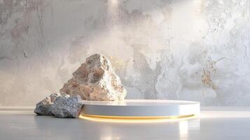 AI generated A white and gold of a nature marble platform surrounded by rocks. The background is geometric Stone and Rock shape, minimalist mockup for podium display showcase, studio room photo