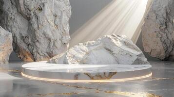 AI generated A white and gold of a nature marble platform surrounded by rocks. The background is geometric Stone and Rock shape, minimalist mockup for podium display showcase, studio room photo