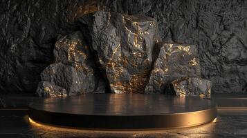 AI generated A black and gold of a nature marble platform surrounded by rocks. The background is geometric Stone and Rock shape, minimalist mockup for podium display showcase, studio room photo