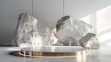 AI generated A white and gold of a nature marble platform surrounded by rocks. The background is geometric Stone and Rock shape, minimalist mockup for podium display showcase, studio room photo