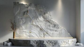 ai generado un blanco y oro de un naturaleza mármol plataforma rodeado por rocas el antecedentes es geométrico Roca y rock forma, minimalista Bosquejo para podio monitor escaparate, estudio habitación foto