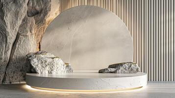 AI generated A white and gold of a nature marble platform surrounded by rocks. The background is geometric Stone and Rock shape, minimalist mockup for podium display showcase, studio room photo