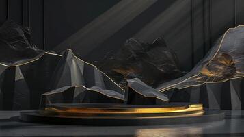 AI generated A black and gold of a nature marble platform surrounded by rocks. The background is geometric Stone and Rock shape, minimalist mockup for podium display showcase, studio room photo