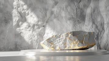 AI generated A white and gold of a nature marble platform surrounded by rocks. The background is geometric Stone and Rock shape, minimalist mockup for podium display showcase, studio room photo