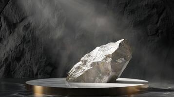 AI generated A white and gold of a nature marble platform surrounded by rocks. The background is geometric Stone and Rock shape, minimalist mockup for podium display showcase, studio room photo