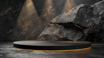 AI generated A black and gold of a nature marble platform surrounded by rocks. The background is geometric Stone and Rock shape, minimalist mockup for podium display showcase, studio room photo