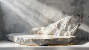 AI generated A white and gold of a nature marble platform surrounded by rocks. The background is geometric Stone and Rock shape, minimalist mockup for podium display showcase, studio room photo