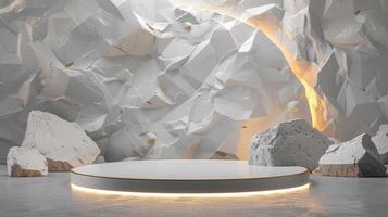 AI generated A white and gold of a nature marble platform surrounded by rocks. The background is geometric Stone and Rock shape, minimalist mockup for podium display showcase, studio room photo