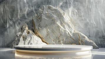 AI generated A white and gold of a nature marble platform surrounded by rocks. The background is geometric Stone and Rock shape, minimalist mockup for podium display showcase, studio room photo