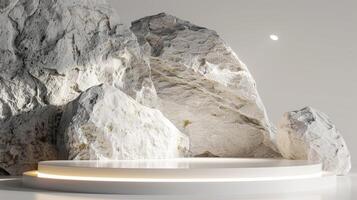 AI generated A white and gold of a nature marble platform surrounded by rocks. The background is geometric Stone and Rock shape, minimalist mockup for podium display showcase, studio room photo