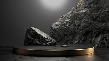 AI generated A black and gold of a nature marble platform surrounded by rocks. The background is geometric Stone and Rock shape, minimalist mockup for podium display showcase, studio room photo