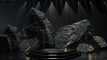 AI generated A black and gold of a nature marble platform surrounded by rocks. The background is geometric Stone and Rock shape, minimalist mockup for podium display showcase, studio room photo