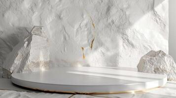 AI generated A white and gold of a nature marble platform surrounded by rocks. The background is geometric Stone and Rock shape, minimalist mockup for podium display showcase, studio room photo