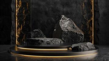 AI generated A black and gold of a nature marble platform surrounded by rocks. The background is geometric Stone and Rock shape, minimalist mockup for podium display showcase, studio room photo