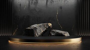 AI generated A black and gold of a nature marble platform surrounded by rocks. The background is geometric Stone and Rock shape, minimalist mockup for podium display showcase, studio room photo