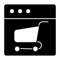 Pushcart on web page, solid design icon of shopping website vector