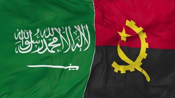 KSA, Kingdom of Saudi Arabia and Angola Flags Together Seamless Looping Background, Looped Bump Texture Cloth Waving Slow Motion, 3D Rendering video