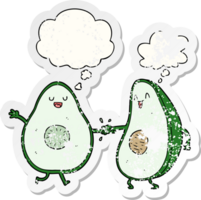 cartoon dancing avocados with thought bubble as a distressed worn sticker png