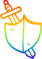 rainbow gradient line drawing of a cartoon sword and shield png