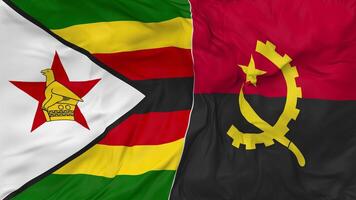 Zimbabue y angola banderas juntos sin costura bucle fondo, serpenteado bache textura paño ondulación lento movimiento, 3d representación video