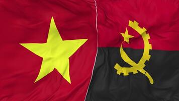 vietnam och angola flaggor tillsammans sömlös looping bakgrund, looped stöta textur trasa vinka långsam rörelse, 3d tolkning video