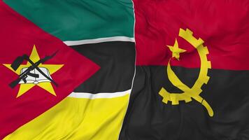 mozambico e angola bandiere insieme senza soluzione di continuità looping sfondo, loop urto struttura stoffa agitando lento movimento, 3d interpretazione video