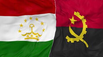 Tayikistán y angola banderas juntos sin costura bucle fondo, serpenteado bache textura paño ondulación lento movimiento, 3d representación video