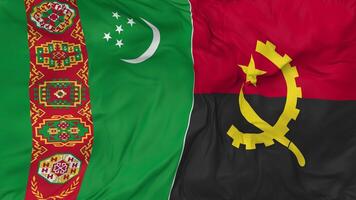 Turkmenistan and Angola Flags Together Seamless Looping Background, Looped Bump Texture Cloth Waving Slow Motion, 3D Rendering video