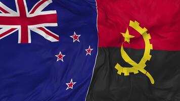 Neu Neuseeland und Angola Flaggen zusammen nahtlos Schleifen Hintergrund, geloopt stoßen Textur Stoff winken schleppend Bewegung, 3d Rendern video